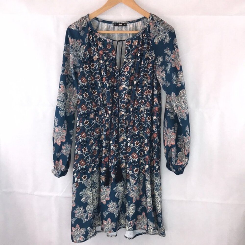 SHEIN Blue Floral Midi Key Hole Tussle Neckline Tunic Dress Size S Peasant